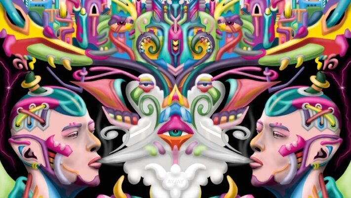 DMT Experiences and Trips, A person experiencing a transformative DMT trip, with vivid visuals and intense emotional effects.