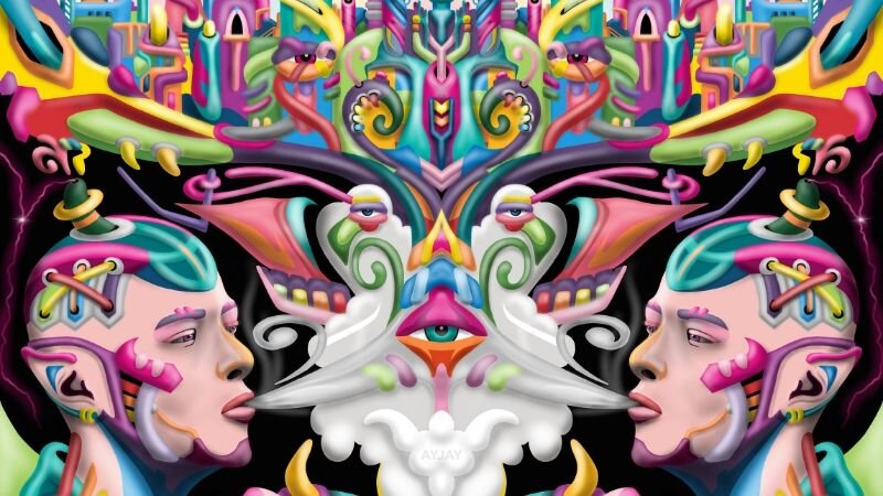 DMT Experiences and Trips, A person experiencing a transformative DMT trip, with vivid visuals and intense emotional effects.