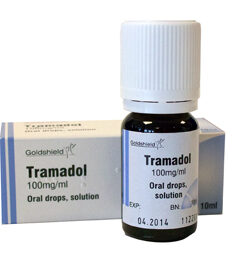 Tramadol oral drops bottle with measuring dropper for precise dosing, used for pain management in the USA.