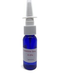 A bottle of ketamine nasal spray, used as a treatment for depression and other mental health conditions, with a metered-dose spray applicator.