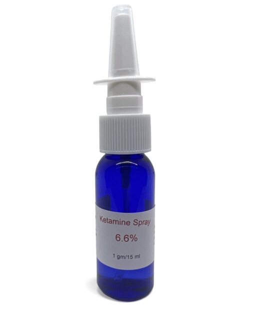 A bottle of ketamine nasal spray, used as a treatment for depression and other mental health conditions, with a metered-dose spray applicator.