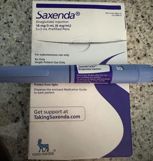 Saxenda weight loss medication injection pen, used for appetite control and long-term weight management.