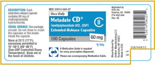 A close-up image of Metadate CD capsules, a prescription medication containing methylphenidate used to treat ADHD by improving focus and impulse control.