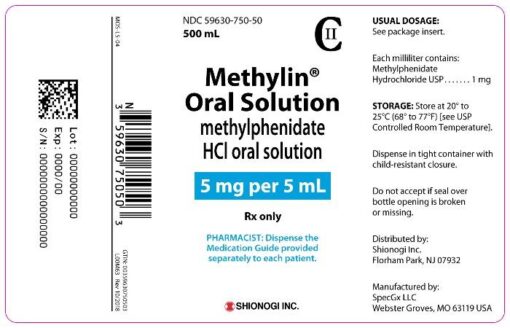 A close-up image of Methylin Oral Solution, a prescription medication containing methylphenidate used to treat ADHD and narcolepsy.